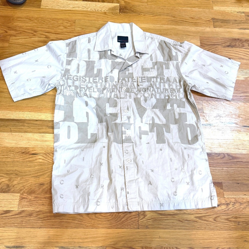 FUBU The Collection Mens Beige Graphic Print Short Sleeve Button Down Shirt M